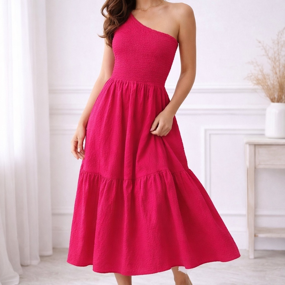 And Now This One Shoulder barbie Pink Midi Dress Size M Smocked Cotton Summer